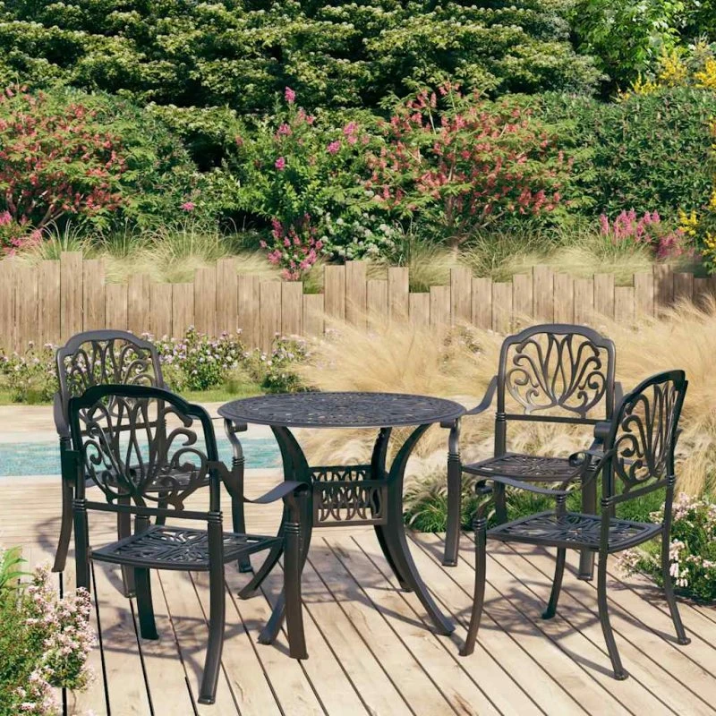 vidaXL Bistrosæt 5 dele støbt aluminium sort, rundt bord Ø90 cm