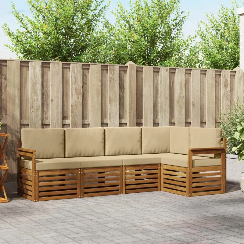 vidaXL Sektionalsofa 5-pcs Naturlig Akacietræ med Beige Puder