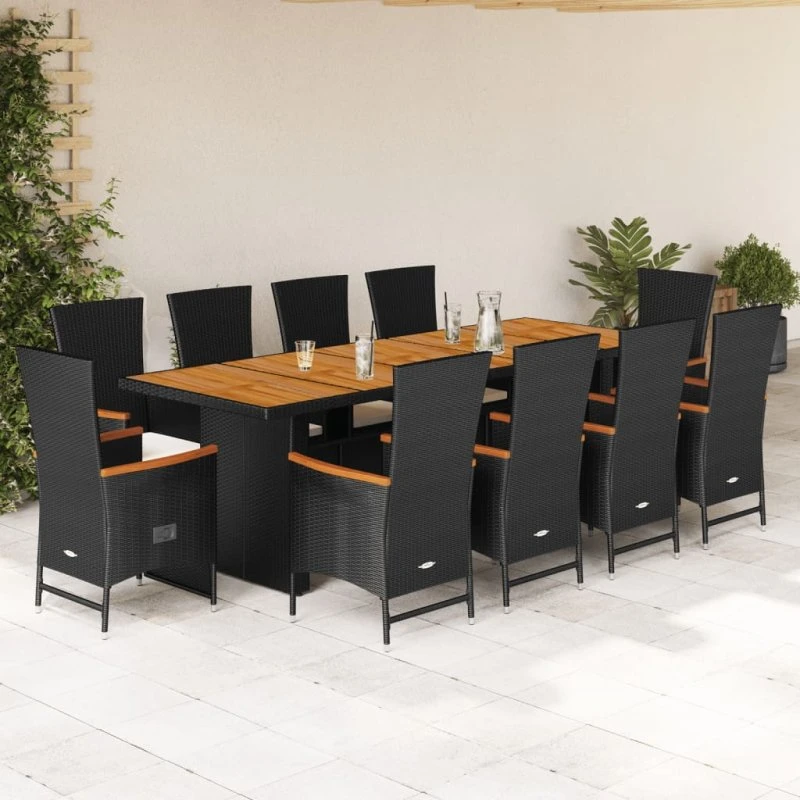 vidaXL Spisebordssæt 11 dele med hynder, polyrattan sort