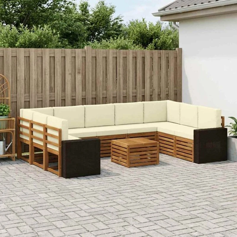 vidaXL Sofasæt 10 del, Naturlig & Fløde, Massivt Akacietræ