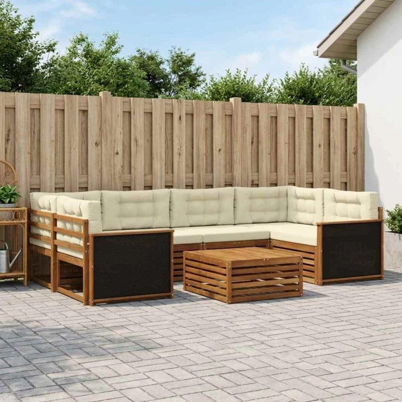 vidaXL Udendørs Sofagruppe 7 pcs Naturlig/Fløde Akacietræ med Puder
