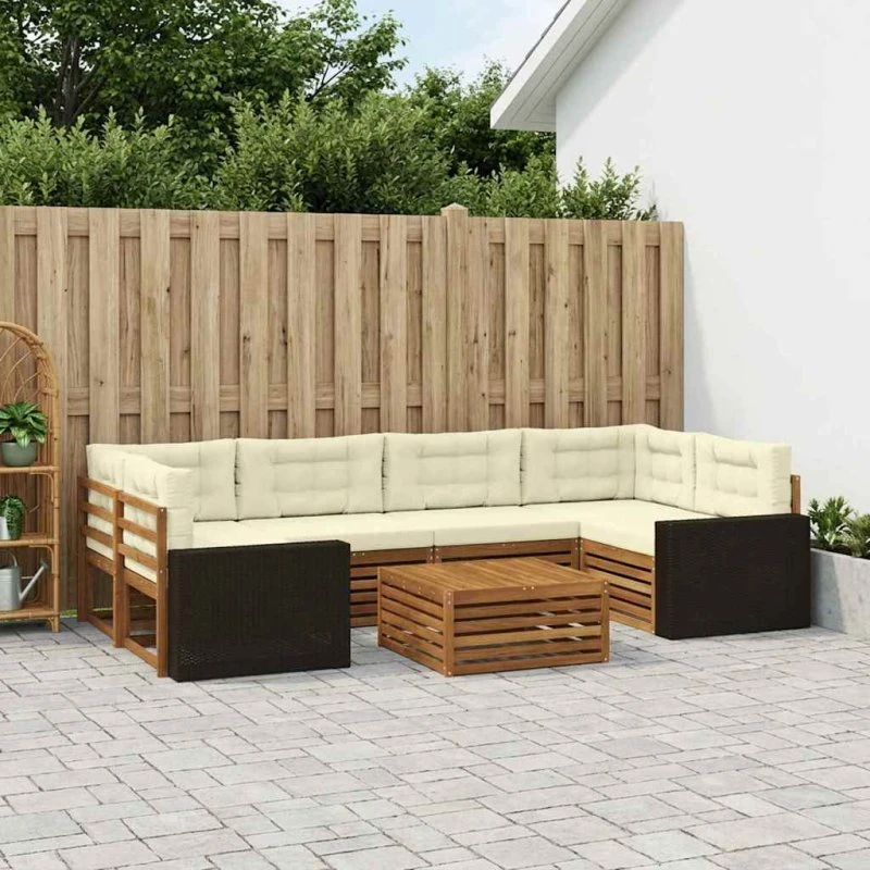 vidaXL Udendørs Sofagruppe 7 pc Naturlig/Fløde Akacietræ med Puder