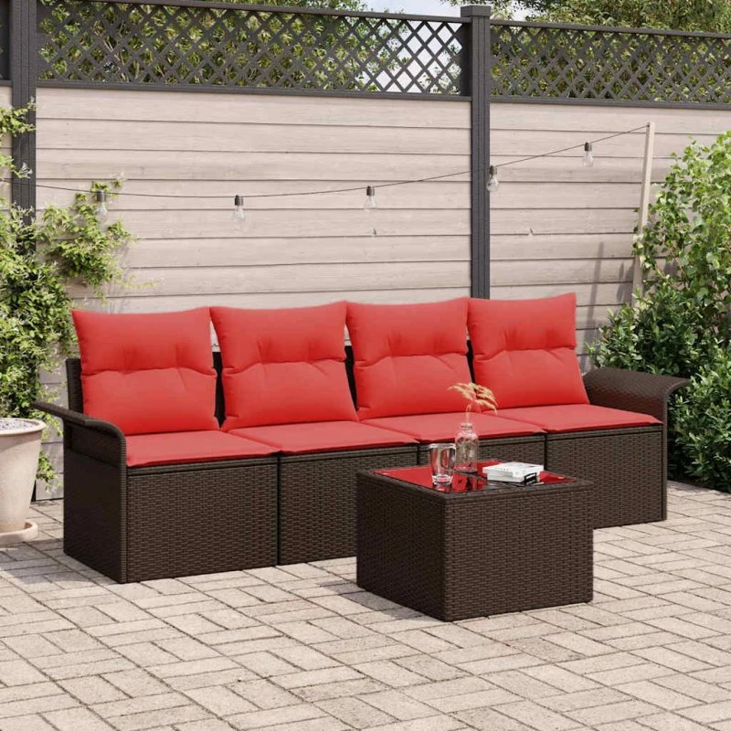 vidaXL Havesofa 5-delssæt beige/rød polyrattan