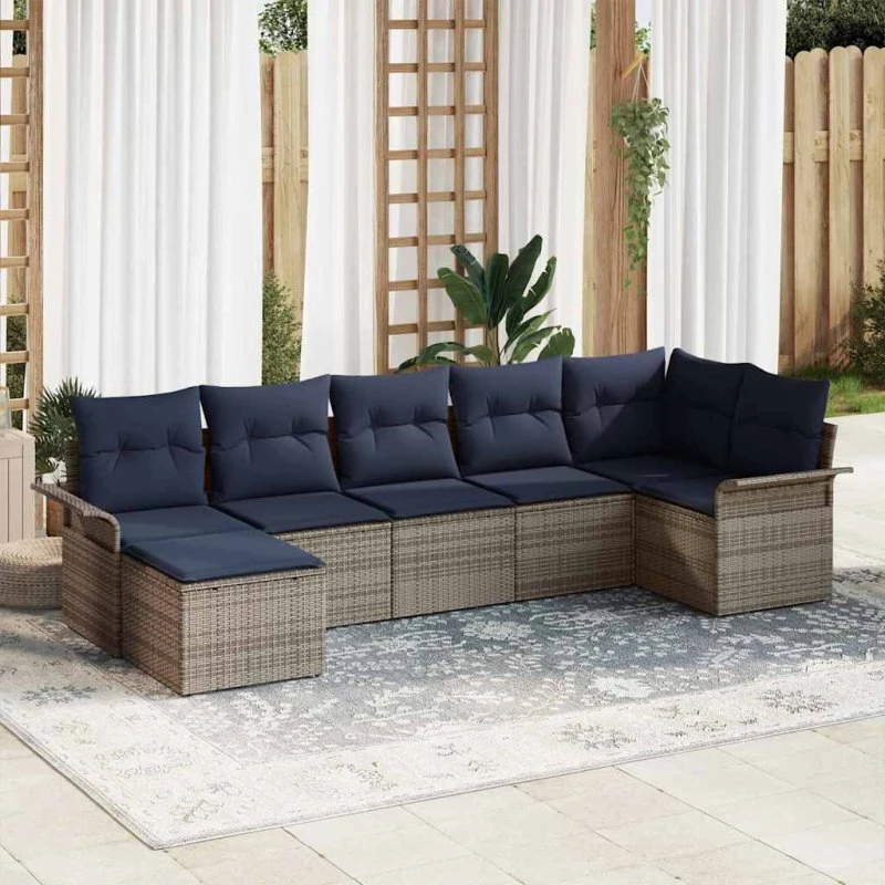 vidaXL Havesofa Sæt 7 pcs Lysegrå PolyRattan med Opbevaring
