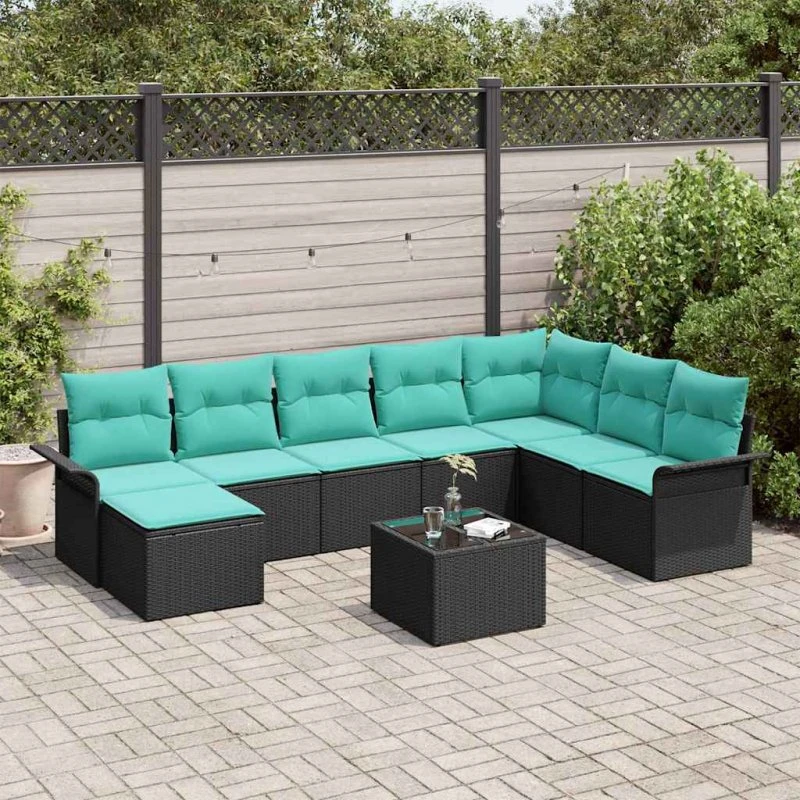 vidaXL Havesofa-sæt 9 dele med opbevaring, sort poly rattan