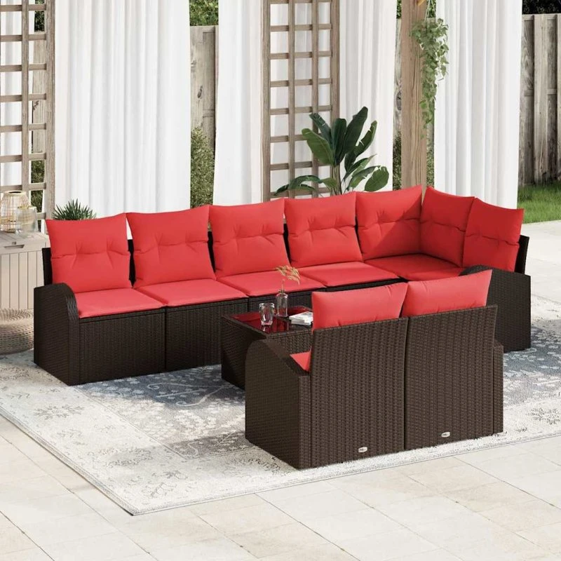 vidaXL Havesofa-sæt 9 pcs Brun/Rød Polyrrattan