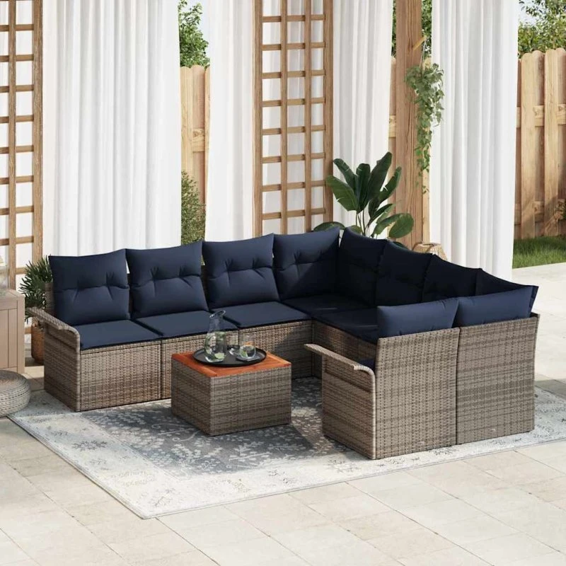 vidaXL Modulær Havesofa Sæt 9 pc Grå/Marineblå PolyRattan med Opbevaring