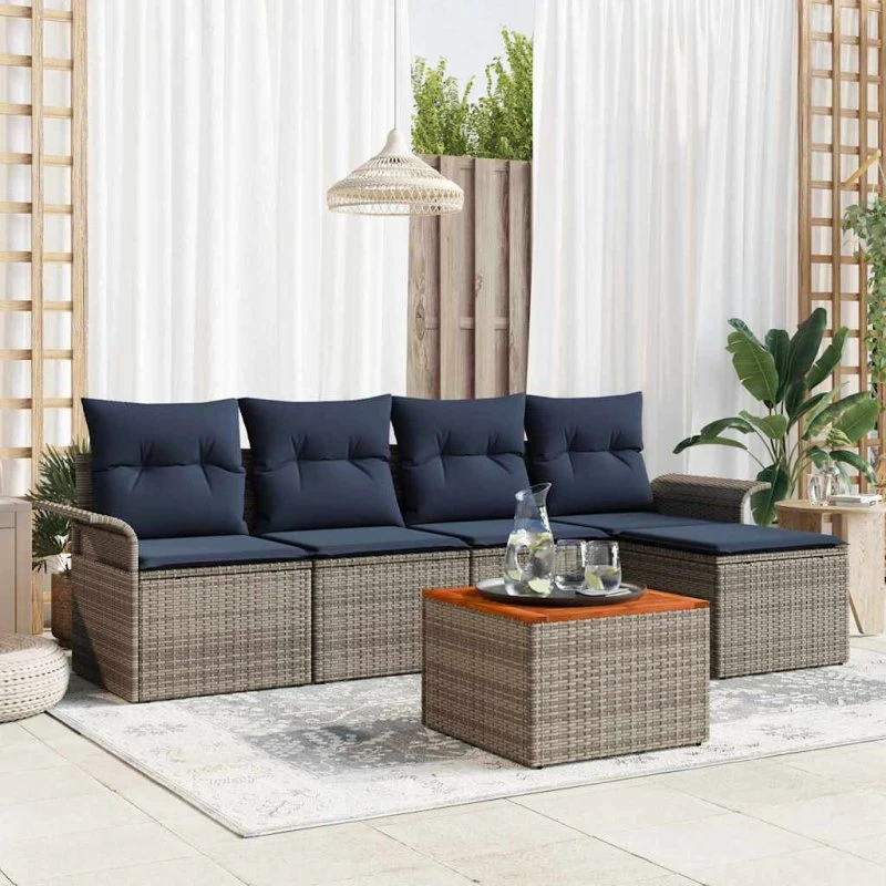 vidaXL Havesofa 6-del med opbevaring Grå/Marineblå polyrattan