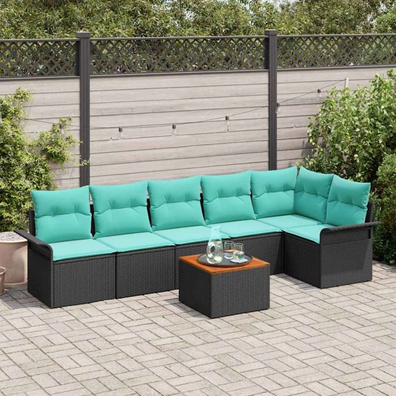vidaXL Havesofa Sæt 7 del, Sort/Turkis PolyRattan med Opbevaring