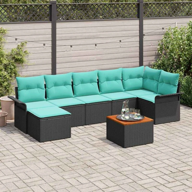 vidaXL Havesofa Sæt 8 del, Sort/Turkis PolyRattan med Opbevaring