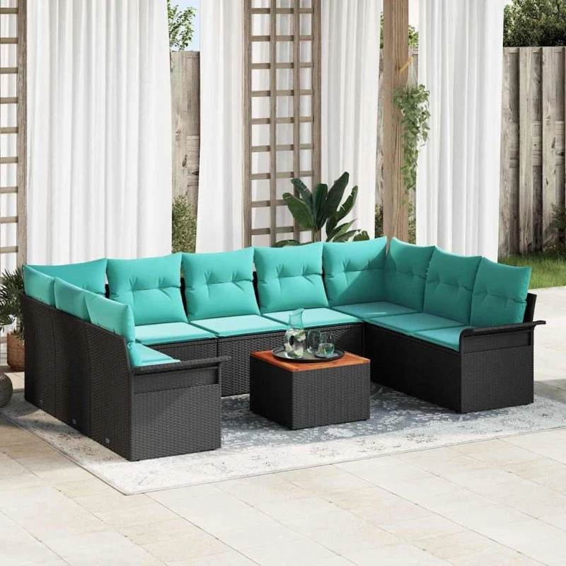 vidaXL Havesofa Sæt 10 pc Sort/Turkis PolyRattan med Opbevaring