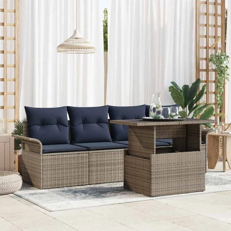 vidaXL Havesofa-sæt 5-del, grå polyrattan med opbevaring