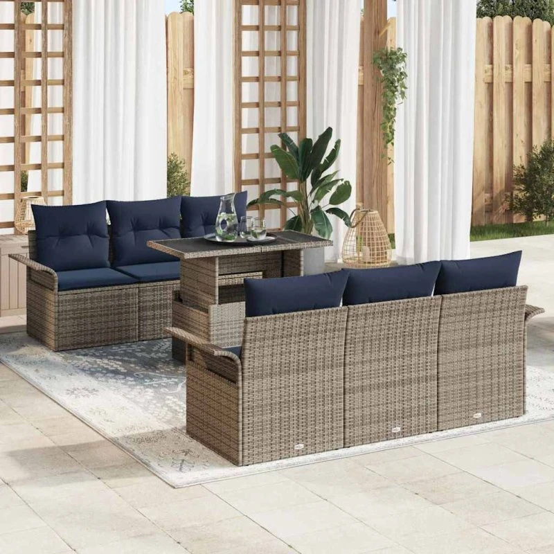 vidaXL Havesofa-sæt 7 dele grå polyrattan med opbevaring