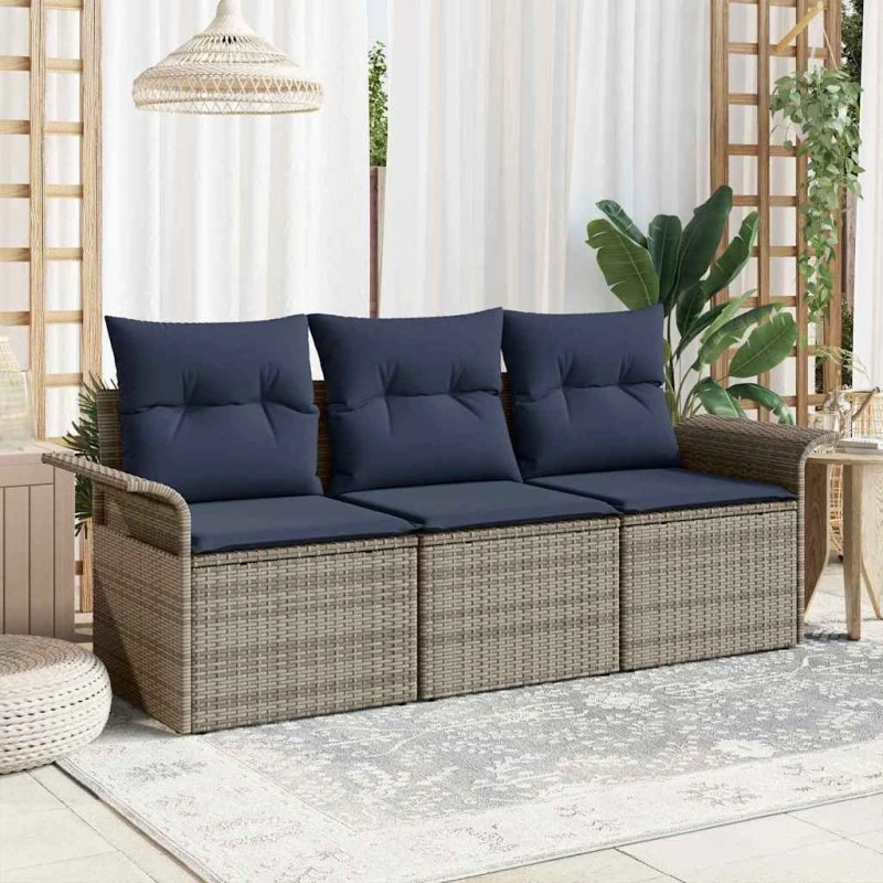 vidaXL 3-pces Sofa Sæt i Grå og Marineblå Polyrattan