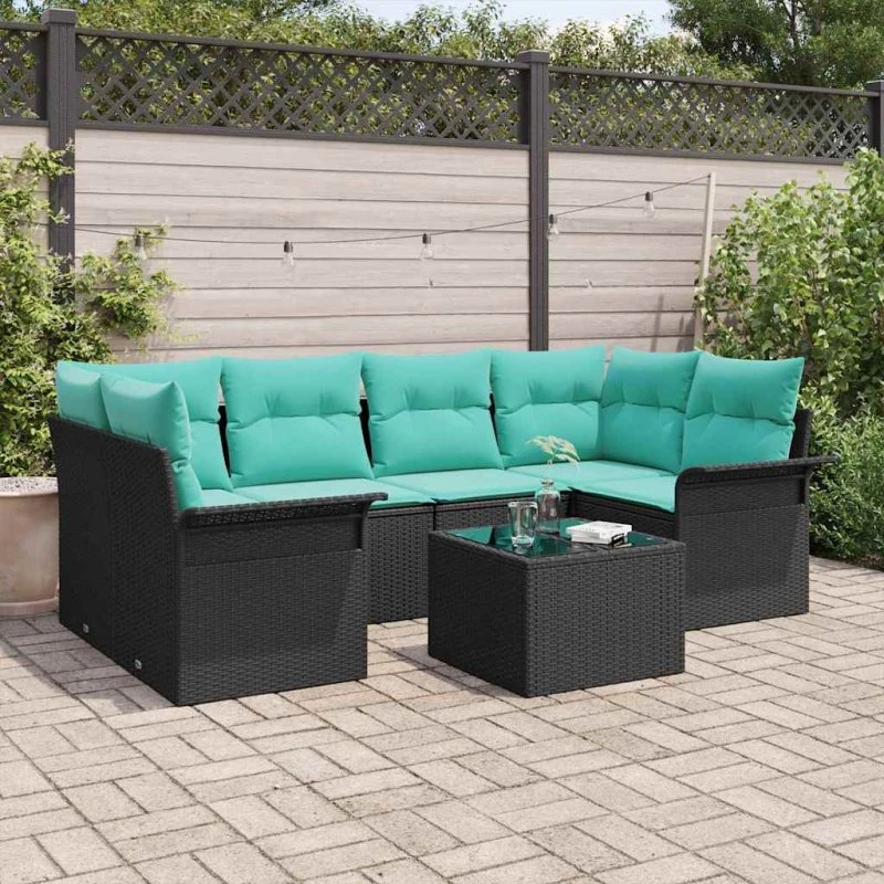 vidaXL Havesofa Sæt 7 dele Sort polyrattan med puder og glasbord