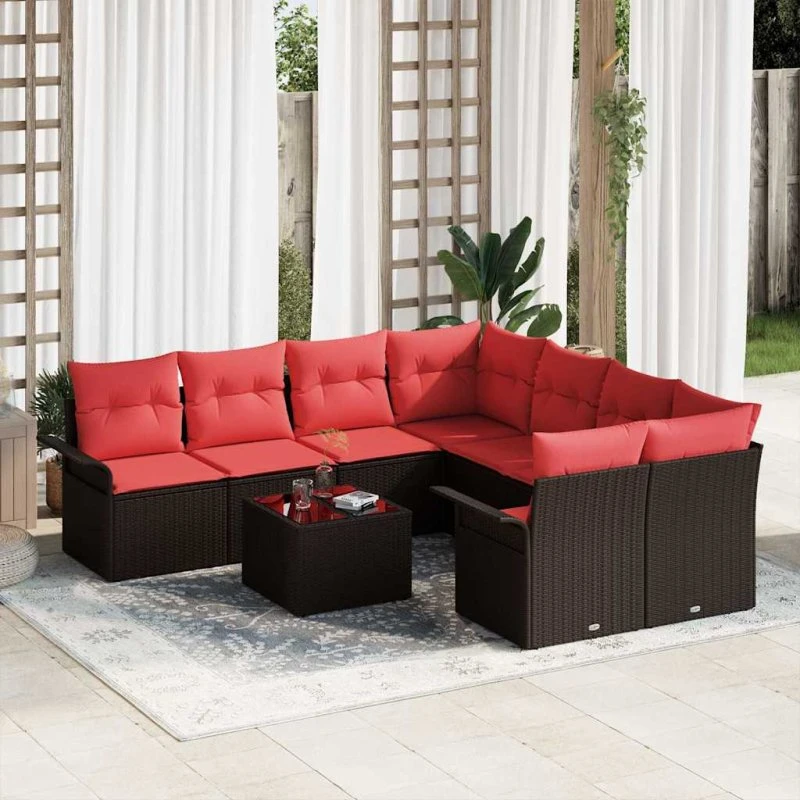 vidaXL Havesofa Sæt 9 pcs Brun/Rød Poly rattan med puder og højdejusterbart bord