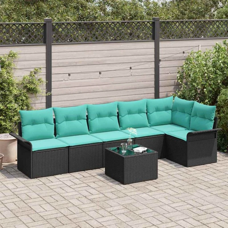 vidaXL Havesofa Sæt 7-pers. Sort Poly Rattan med Puder