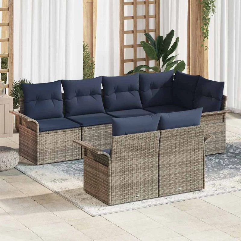 vidaXL Havesofa Sæt 7 dels Grå PolyRattan med Puder og Højdejusterbart Bord