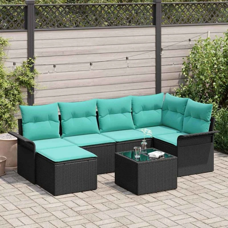 vidaXL Havesofa-sæt 7 dele Sort Poly rattan