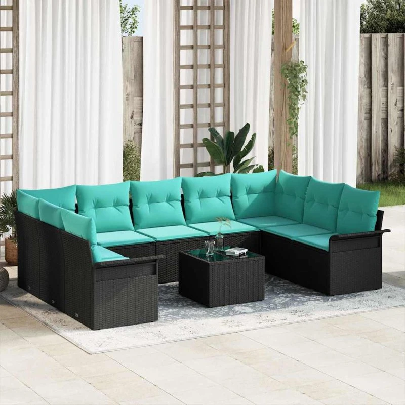 vidaXL Havesofa-sæt 10 dele sort polyrattan med puder