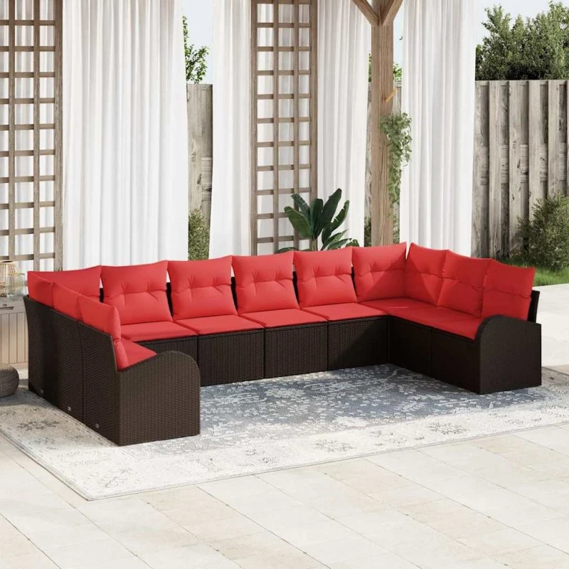 vidaXL Modulært Havesofa-sæt 10 pc Brun Polyrattan med Røde Puder