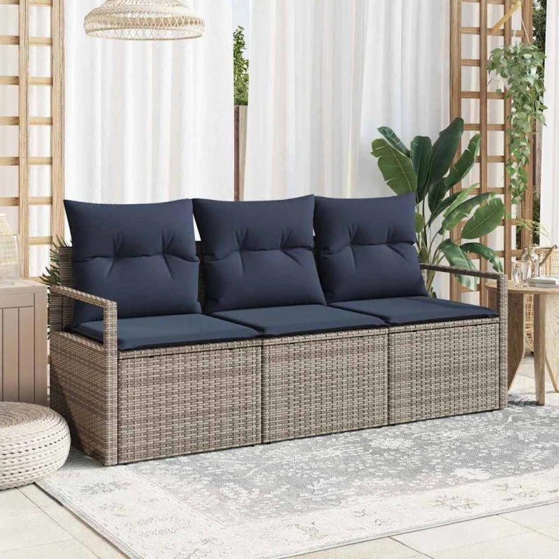 vidaXL 3-pces Grå Poly Rattan Sofa Sæt med Puder