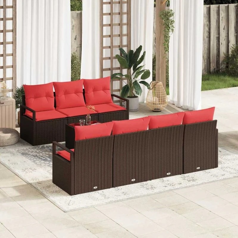 vidaXL Sofa Sæt 8 del, Brun/Rød Poly Rattan med Puder