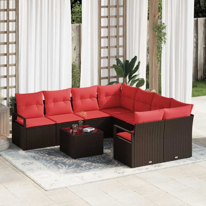 vidaXL 9-delssæt Sofa med Puder i Brun/Rød Polyrattan, Modulær Hjørnesofa med Bord