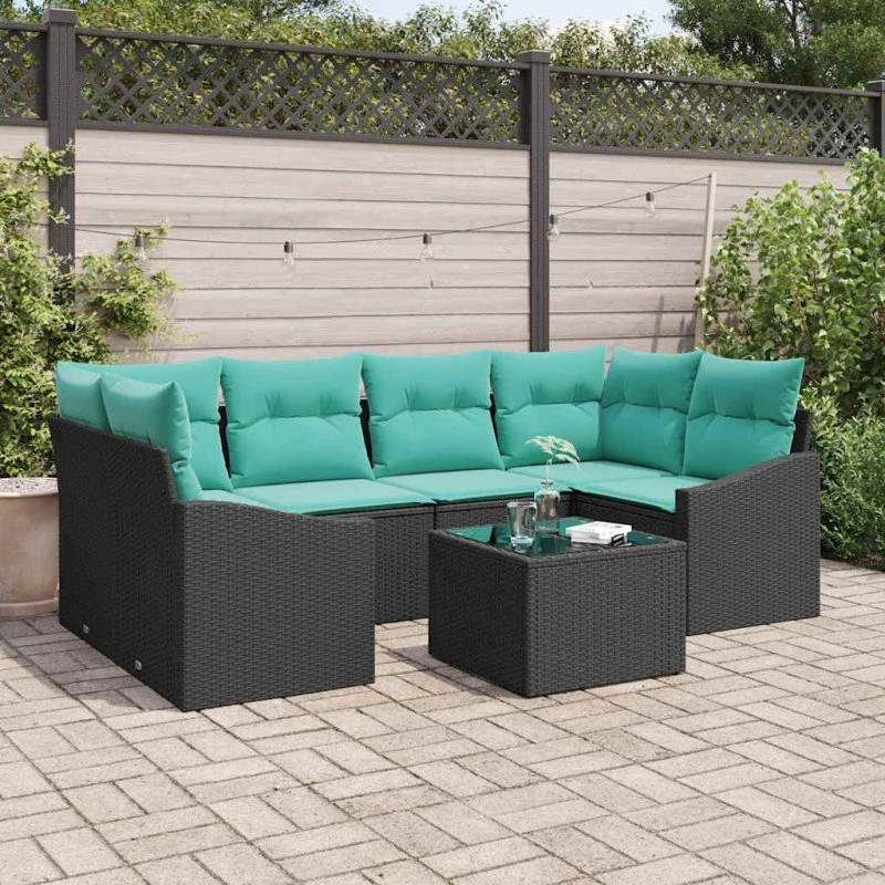 vidaXL Modulært Havesofa-sæt 7 dele Sort/Turkis Poly Rattan