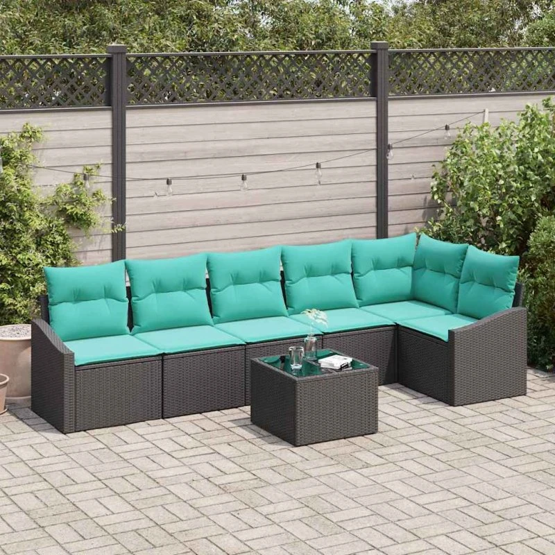 vidaXL Sofa-sæt 7 dele i sort polyrattan med puder og justerbart bord