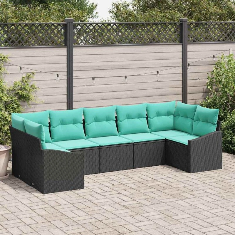 vidaXL Sofa-sæt 7 pc i sort polyrattan med puder
