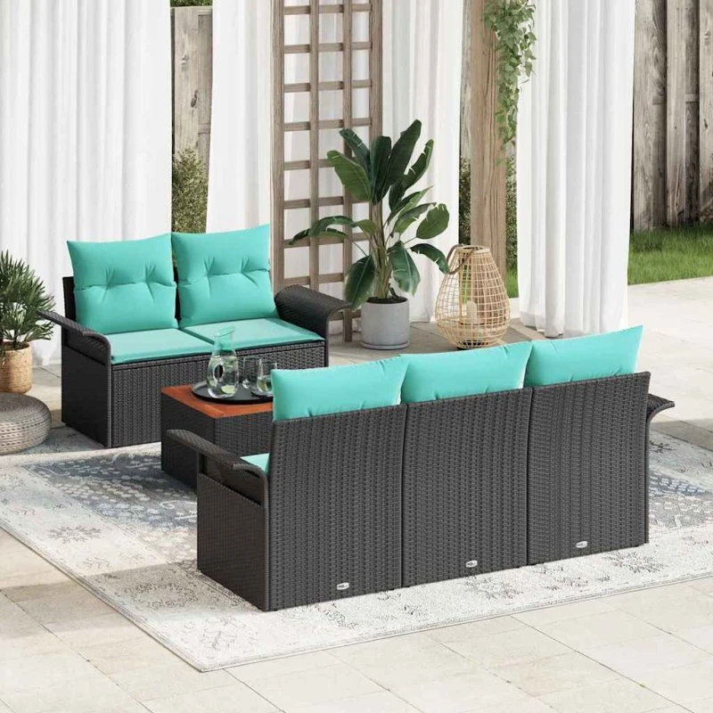 vidaXL Havesofa-sæt 6 dele sort polyrattan med puder