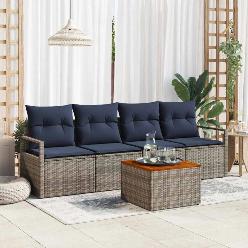 vidaXL Havesofa Sæt 5 pcs Grå PolyRattan med Puder