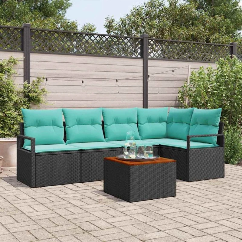 vidaXL Havesofa-sæt 6 dele sort polyrattan med puder