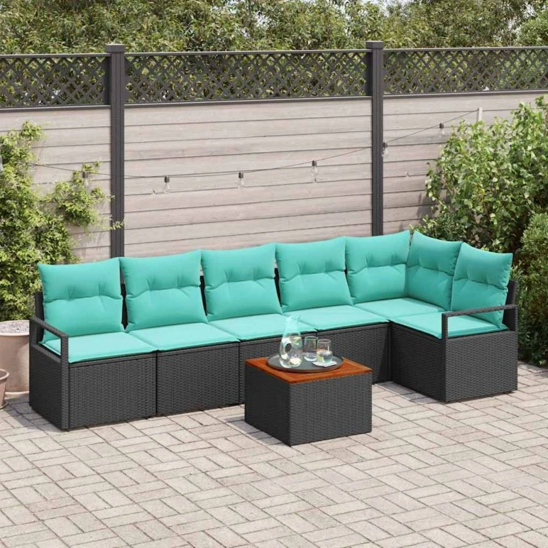 vidaXL Havesofa Sæt 7 del, Sort PolyRattan med Puder