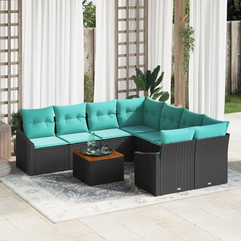 vidaXL Havesofa Sæt 9 pcs Sort Polyrrattan med Puder