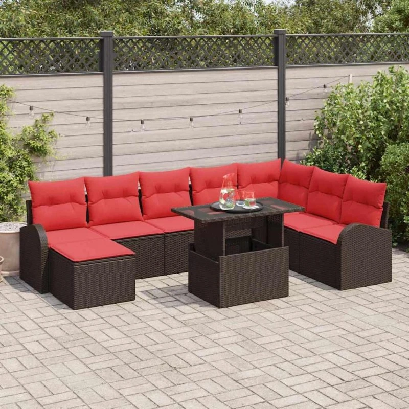 Rattan Home Modulært Havesofa Sæt 9 Del, Brun/Rød med Opbevaring