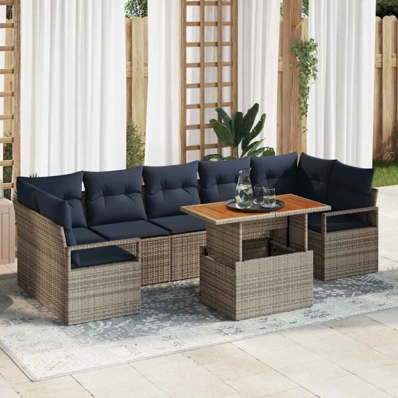 vidaXL Havesofa Sæt 8 dele Grå/Marineblå Poly Rattan