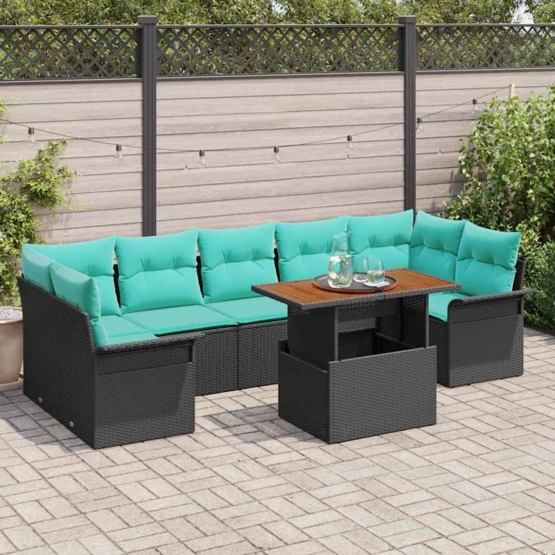 vidaXL Havesofa-sæt 8 dele med opbevaring, sort polyrattan