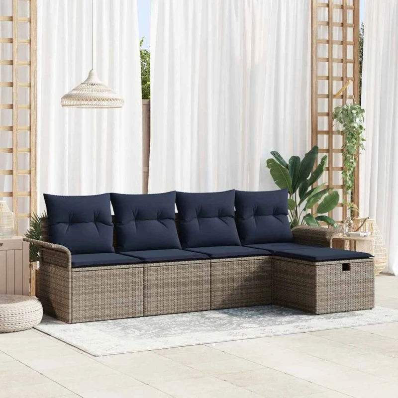 vidaXL Havesofa-sæt 5-pces Grå/Marineblå PolyRattan
