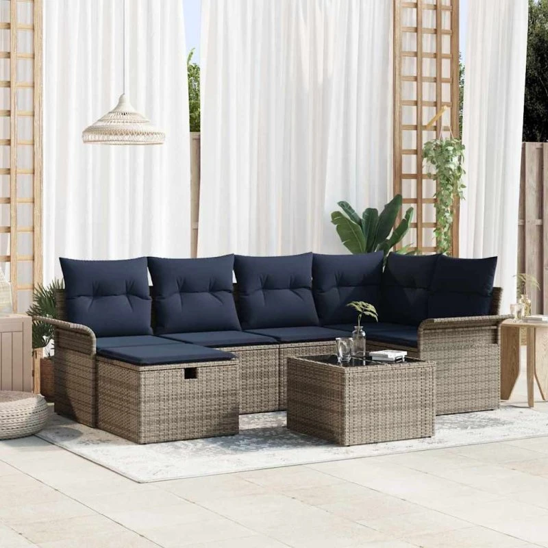 vidaXL Havesofa Sæt 7 del, Grå/Marineblå, PolyRattan