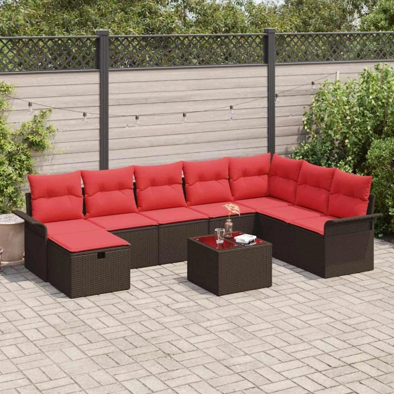 vidaXL Havesofa Sæt 9 pcs Brun/Rød PolyRattan med Puder