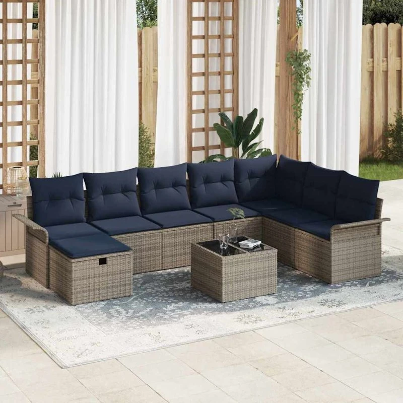vidaXL Havesofa Sæt 9 dels Grå/Marineblå PolyRattan
