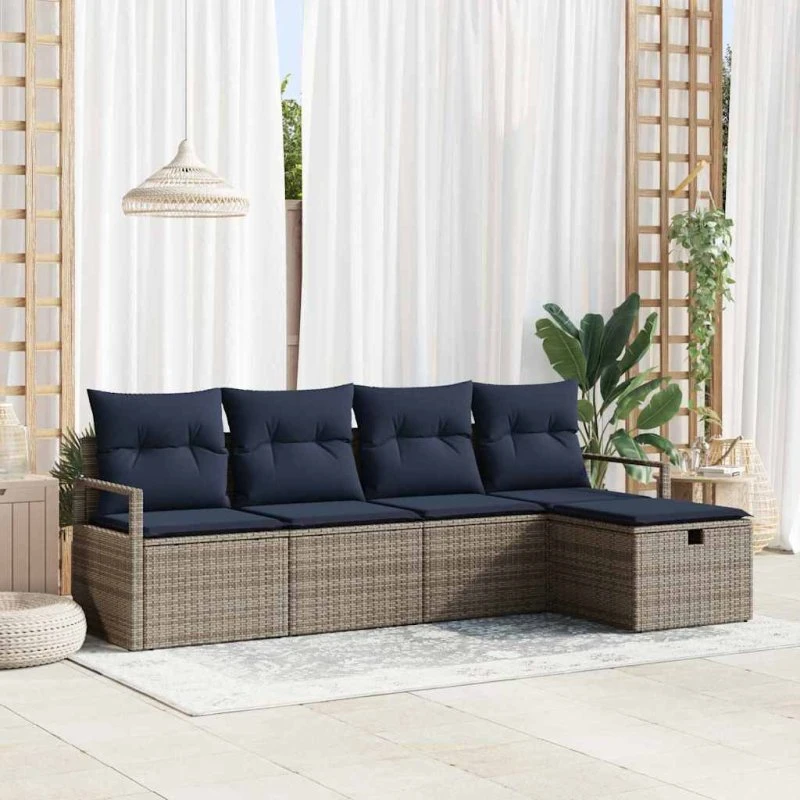 vidaXL Havesofa Sæt 5-del med opbevaring Grå Poly Rattan Marineblå Puder
