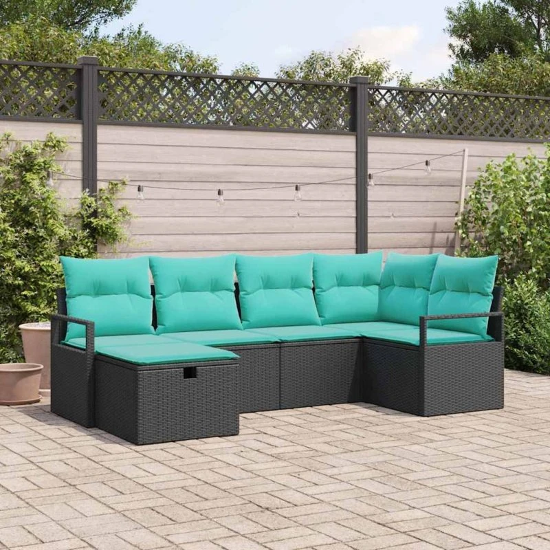 vidaXL 6-deligt havesofa sæt med puder, sort/turkis polyrattan