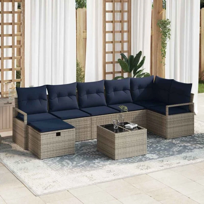 vidaXL Modulært Havesofasæt 8 dele Grå/Marineblå PolyRattan