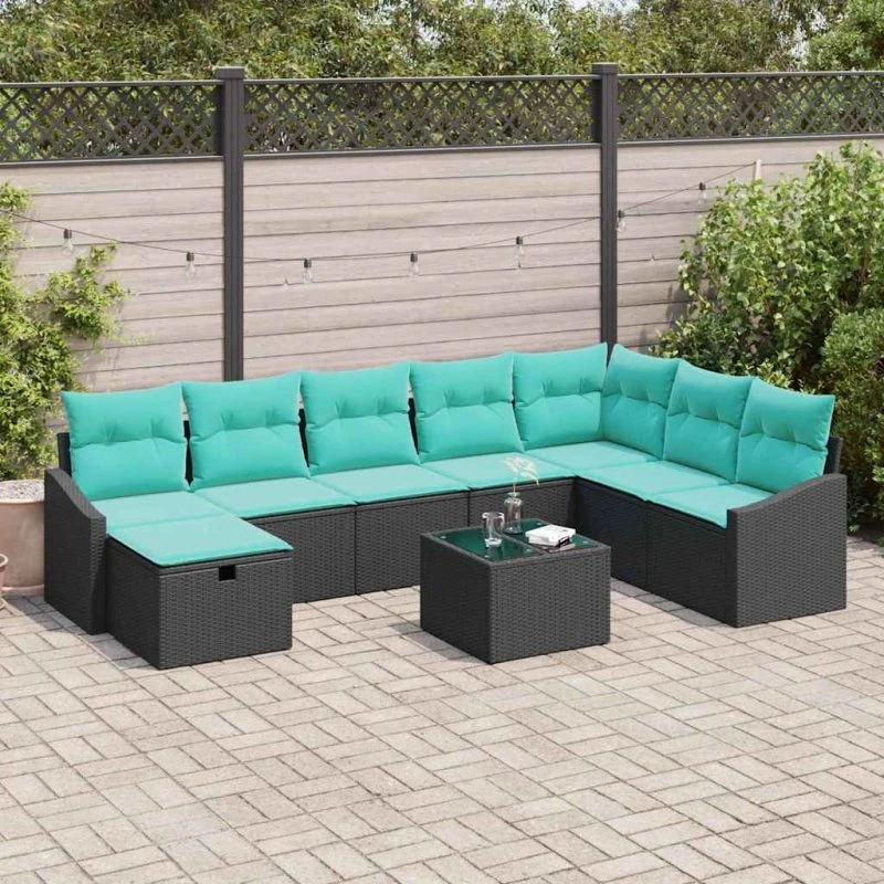 vidaXL Havesofa Sæt 9 pcs sort polyrattan med puder