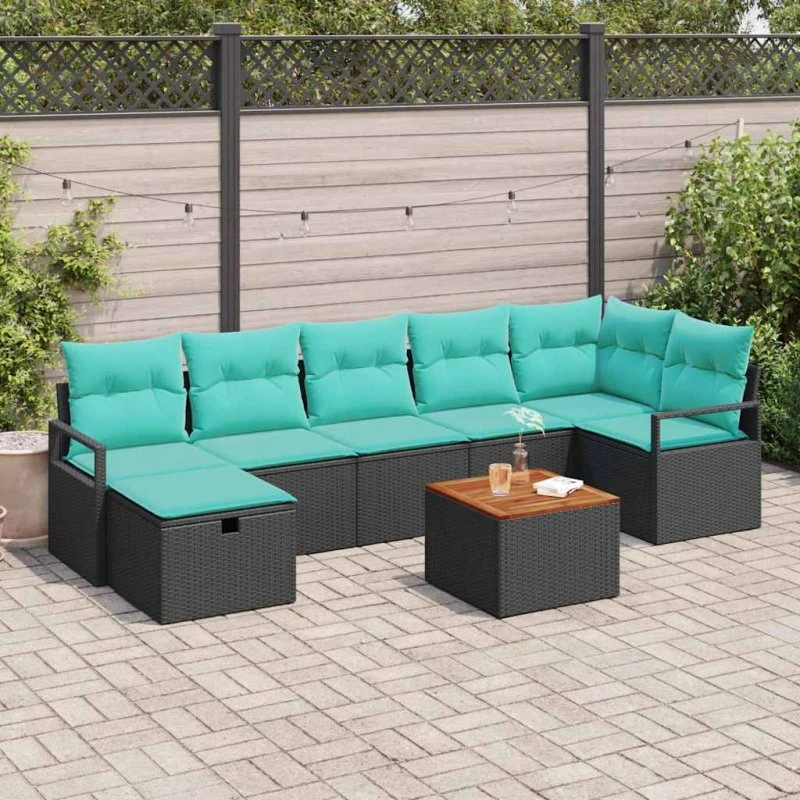 vidaXL Havesofa Sæt 8 dele med opbevaring, sort polyrattan