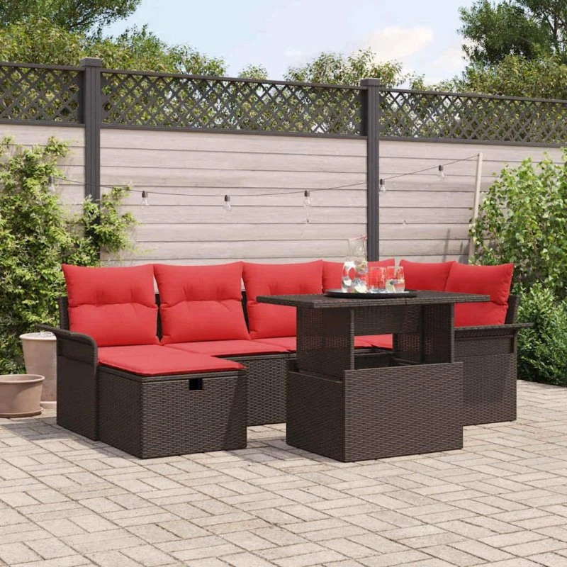 LIVINGGARDEN Modulært havesofasæt 7 dele brun polyrattan røde puder