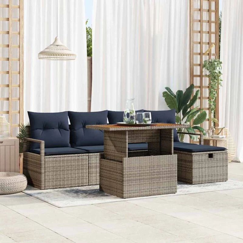 vidaXL Havesofa-sæt 6-del, grå polyrattan med opbevaring